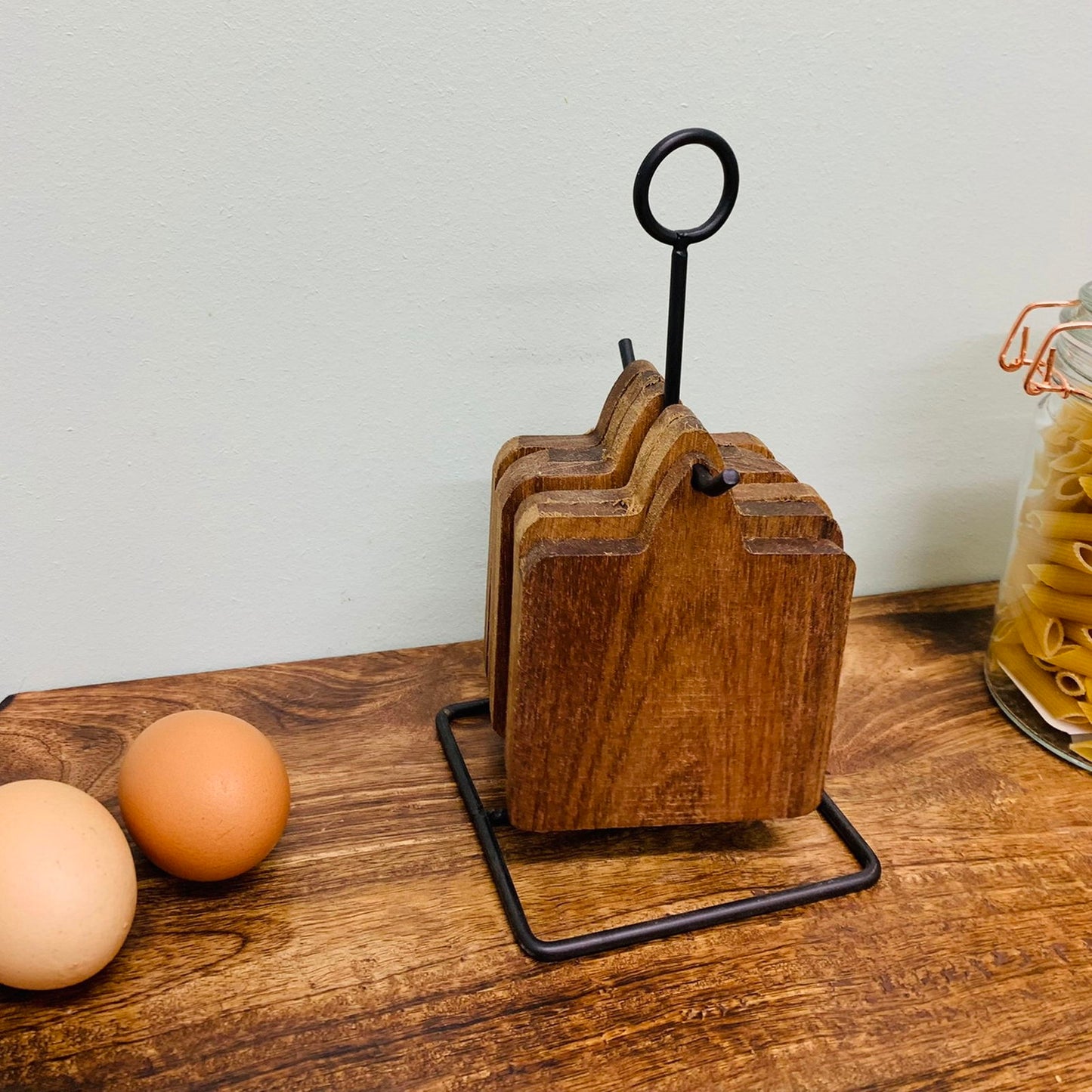 Set of 6 Acacia Coasters with Black Metal Stand - Stylish Home Decor