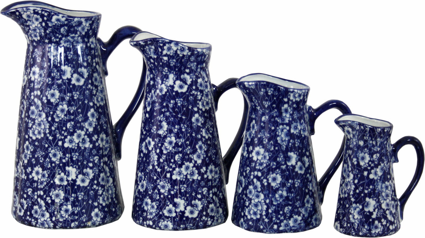 Vintage Blue & White Ceramic Jugs Set of 4 Daisies Design