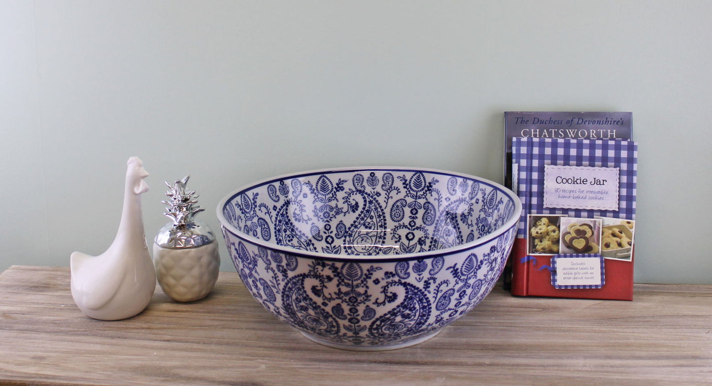 Vintage Blue & White Paisley Design Large Ceramic Bowl Home Decor