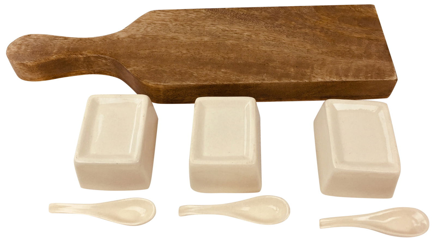 36cm Wooden Tray Set with Dip Bowls & Spoons Perfect for Entertaining