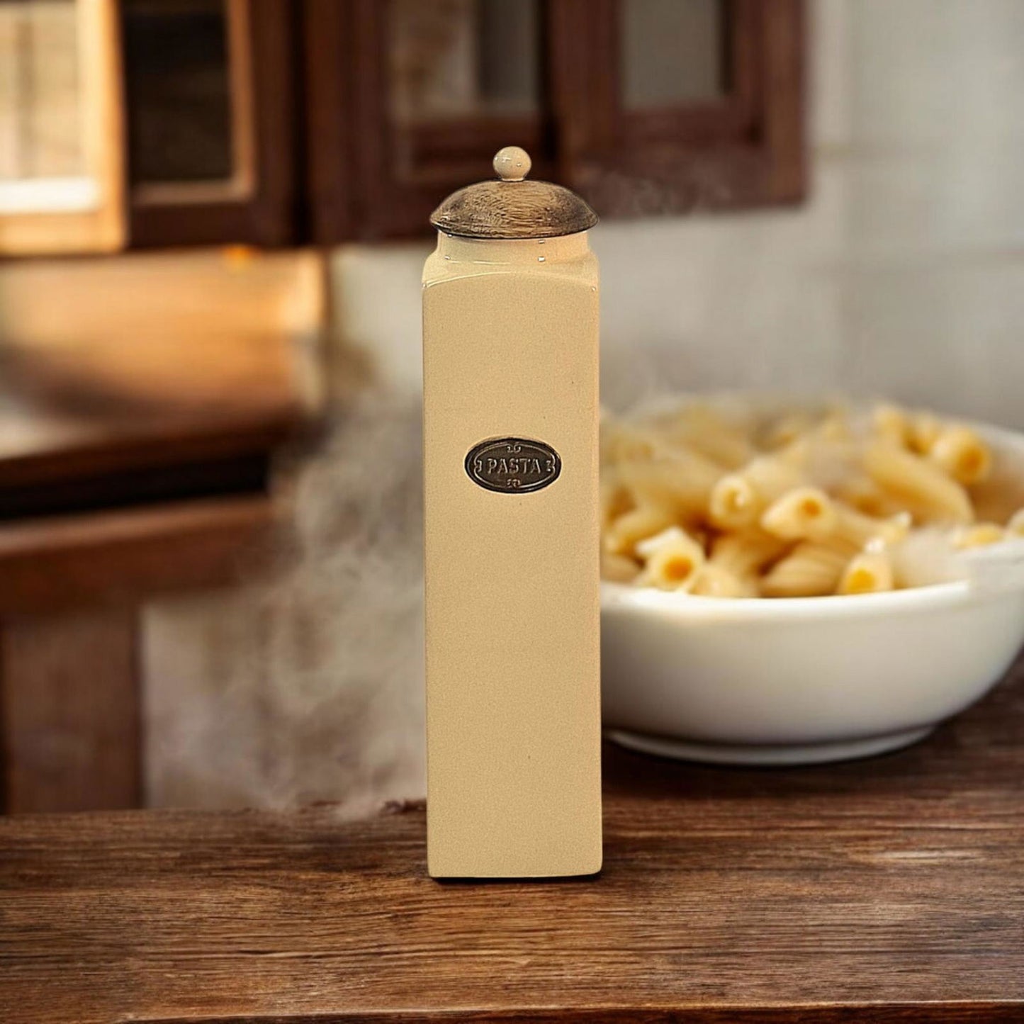 Stylish Ceramic Pasta Jar with Mango Wood Lid - Eco-Friendly Kitchen Storage