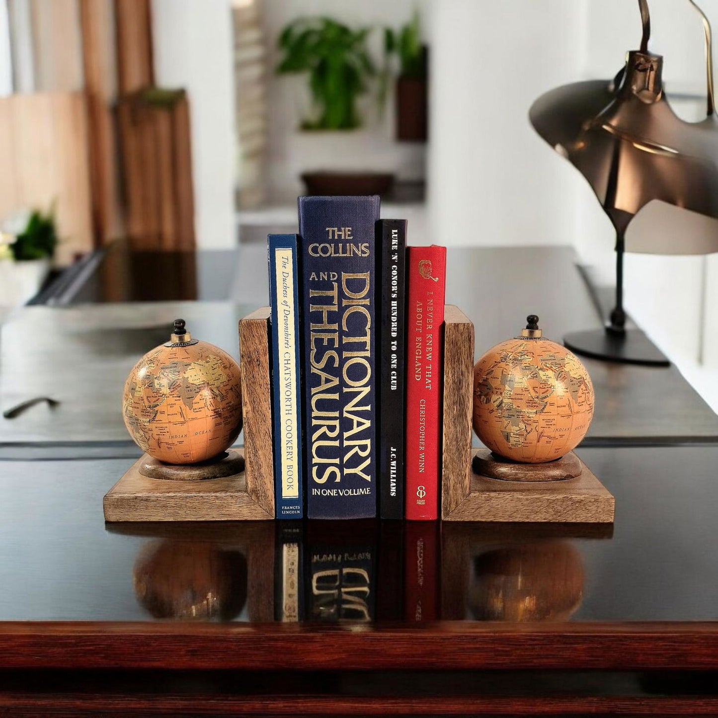 World Globe Bookends Set Mango Wood Decorative Pair for Home Office