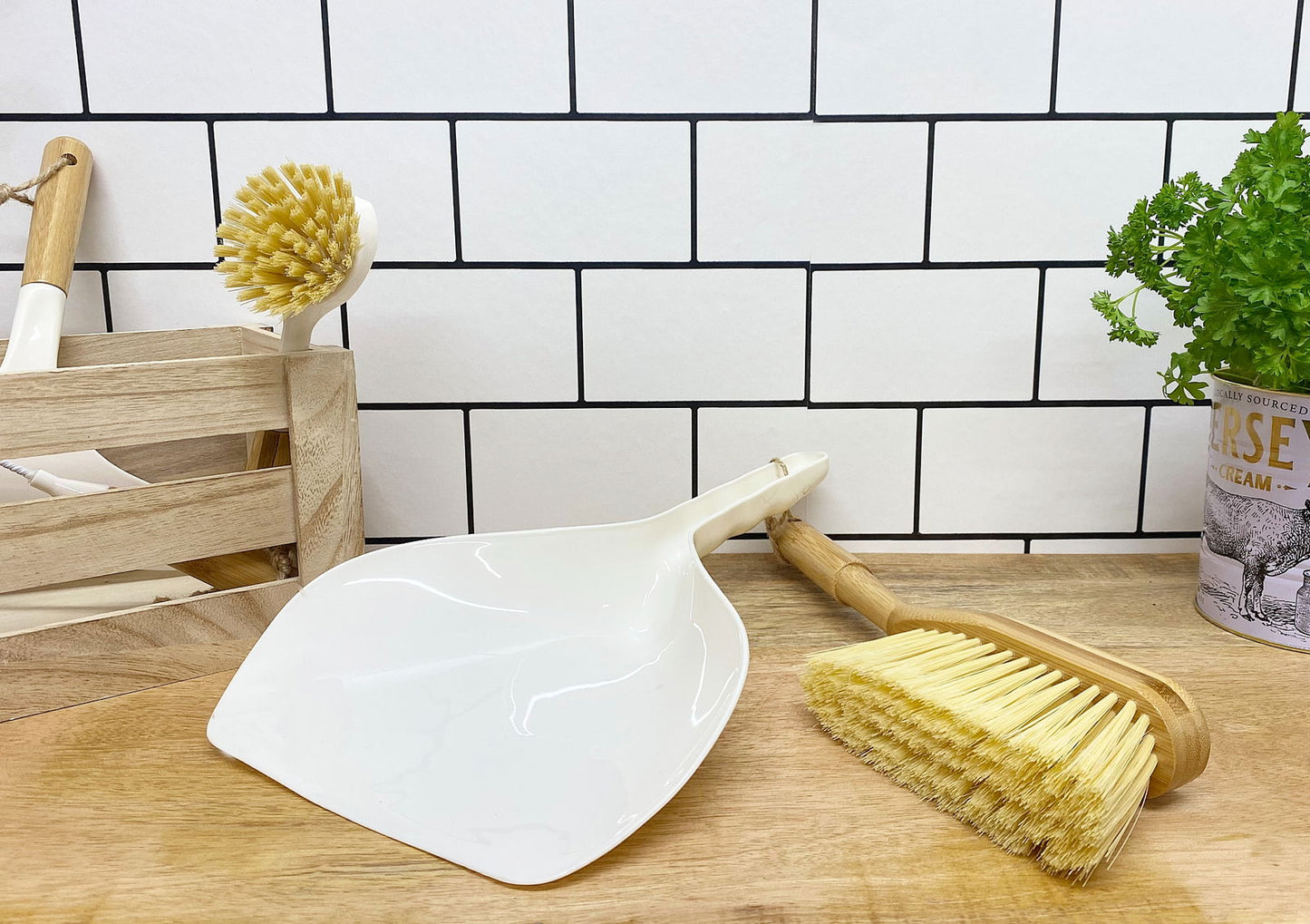 Cream Dustpan and Bamboo Brush Set Eco-Friendly Cleaning Tools