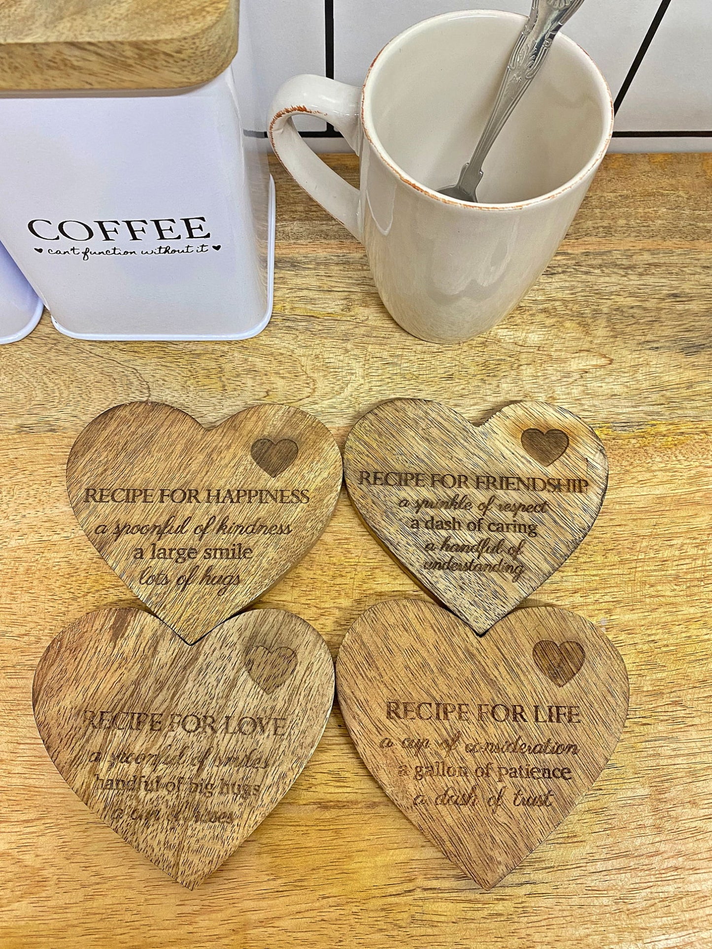 4 Wooden Heart Coasters for Home Decor, Gifts, and Weddings