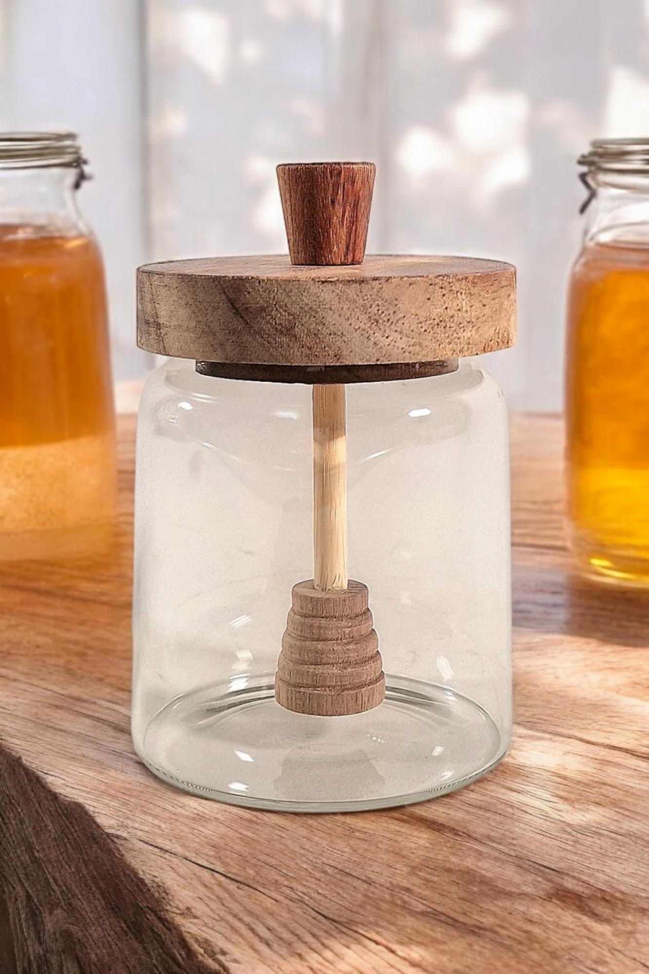 Glass Honey Storage Jar with Stirrer for Kitchen Organization