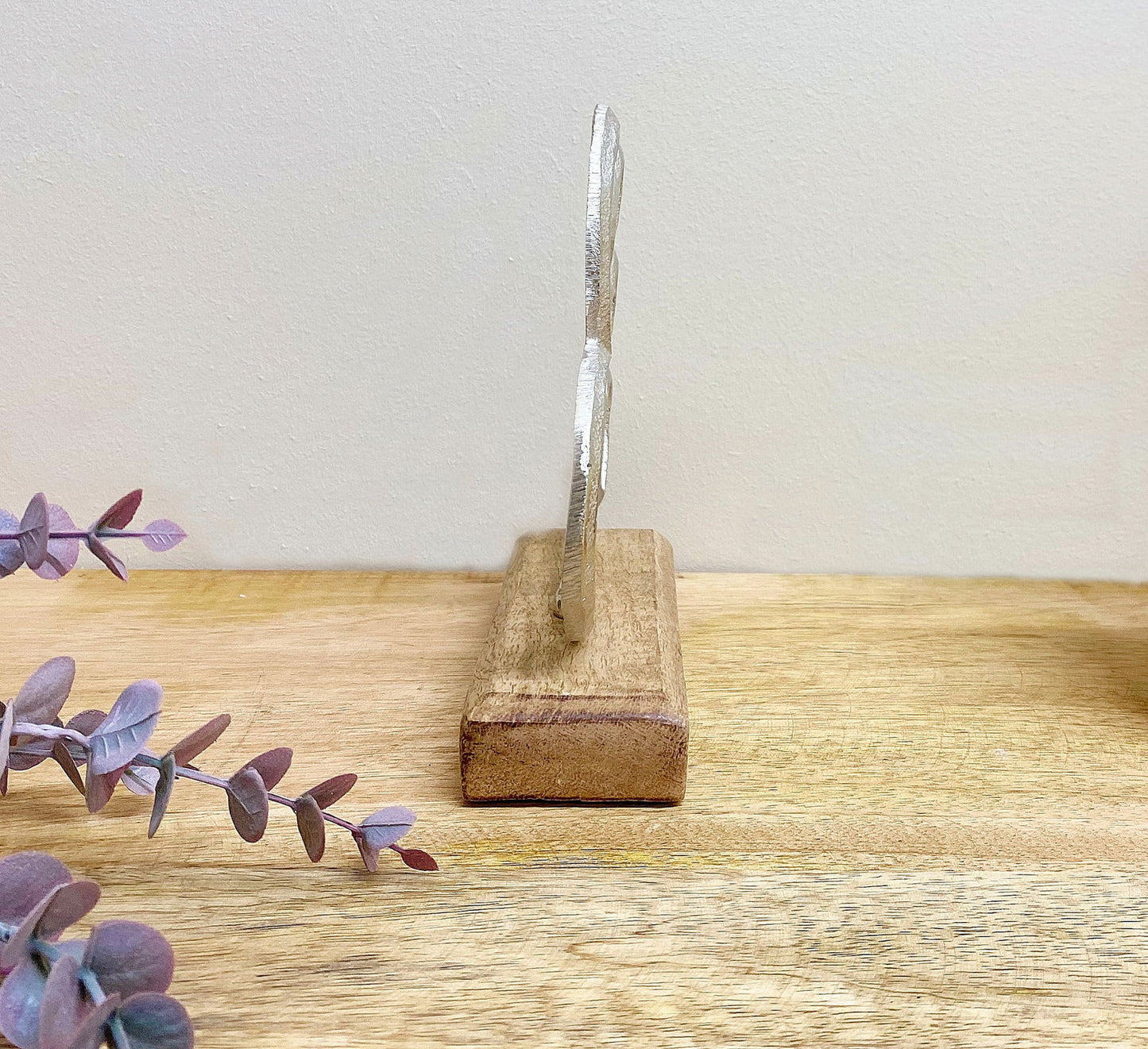 Small Metal Silver Heart Ornament on Wooden Base Four Hearts Design