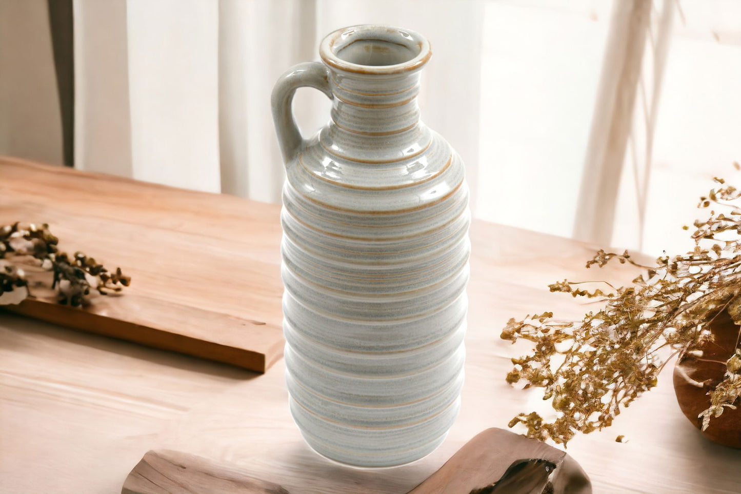27cm Ceramic Grey Ribbed Vase with Handle Stylish Home Decor