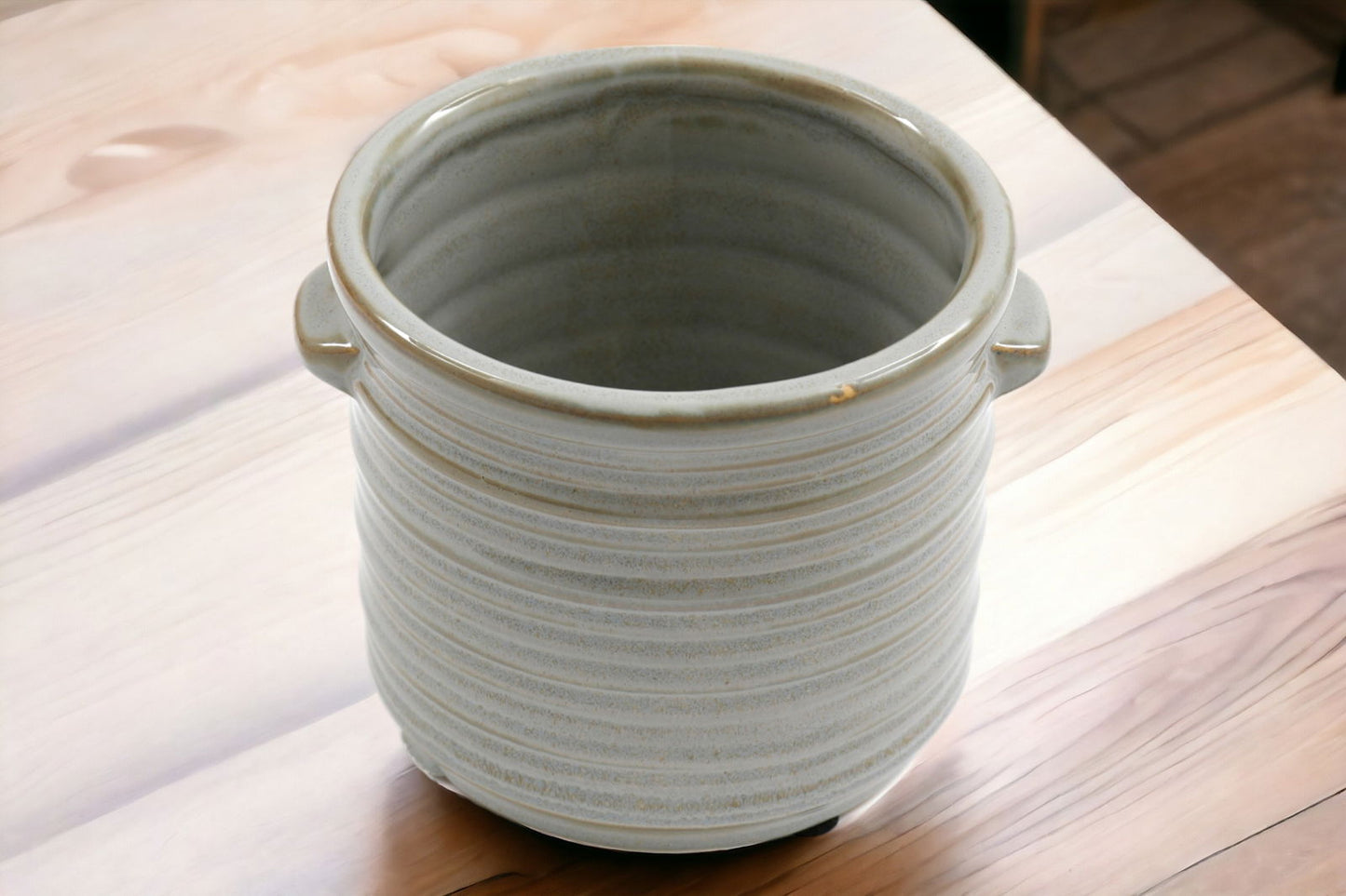 12.5cm Ceramic Grey Ribbed Planter with Handles Stylish Home Decor