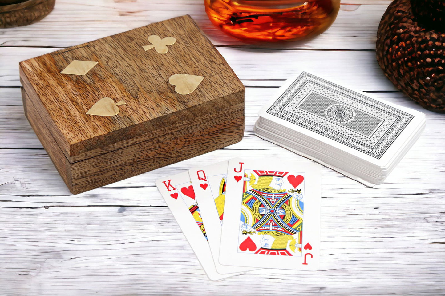 Wooden Box with Playing Cards for Game Nights and Collectors