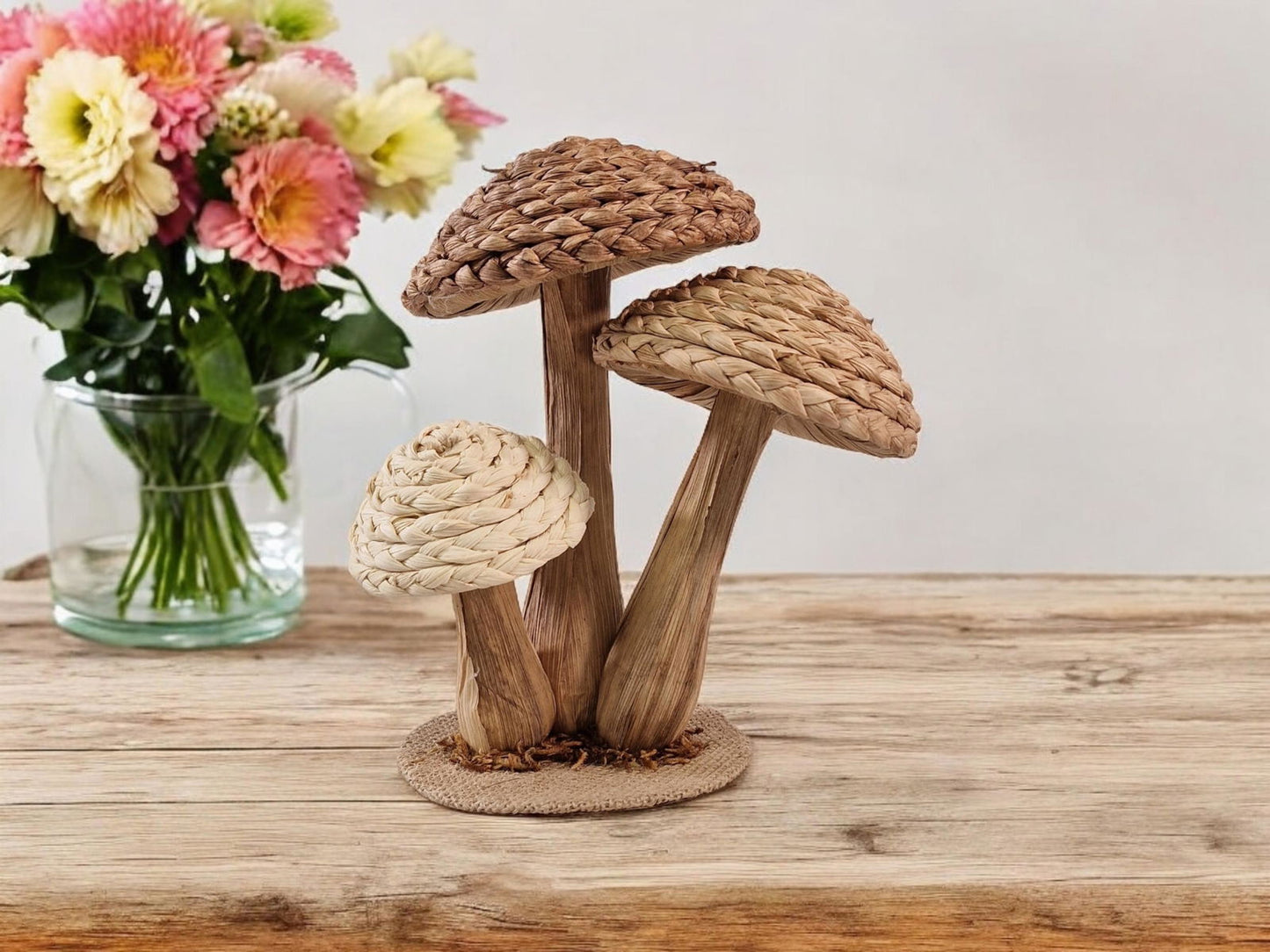 Rattan Trio Mushroom Ornament 21cm Decorative Home Accent Unique Boho Style
