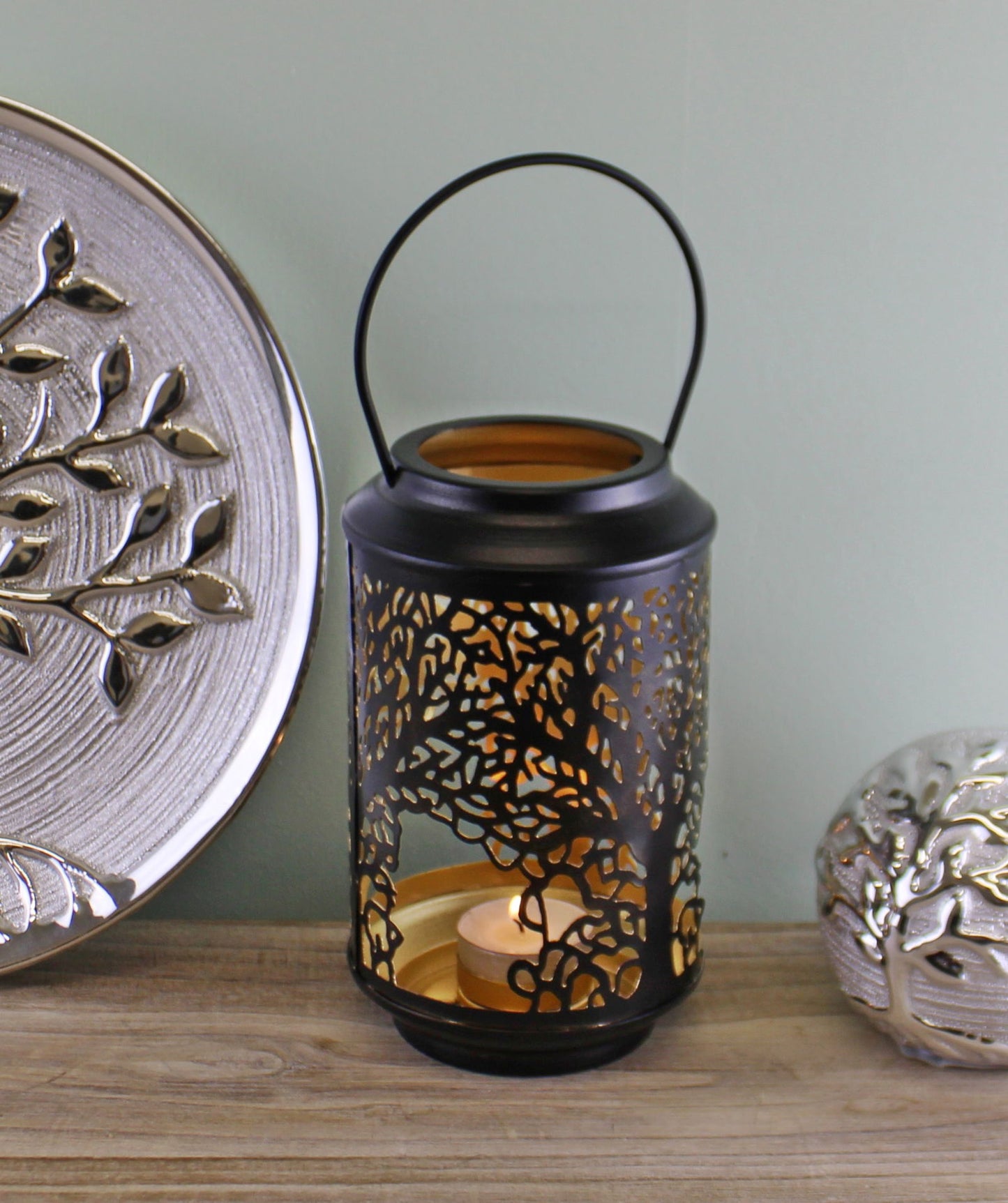 Small Tree of Life Candle Lantern Black Cutout Design Perfect for Home Decor