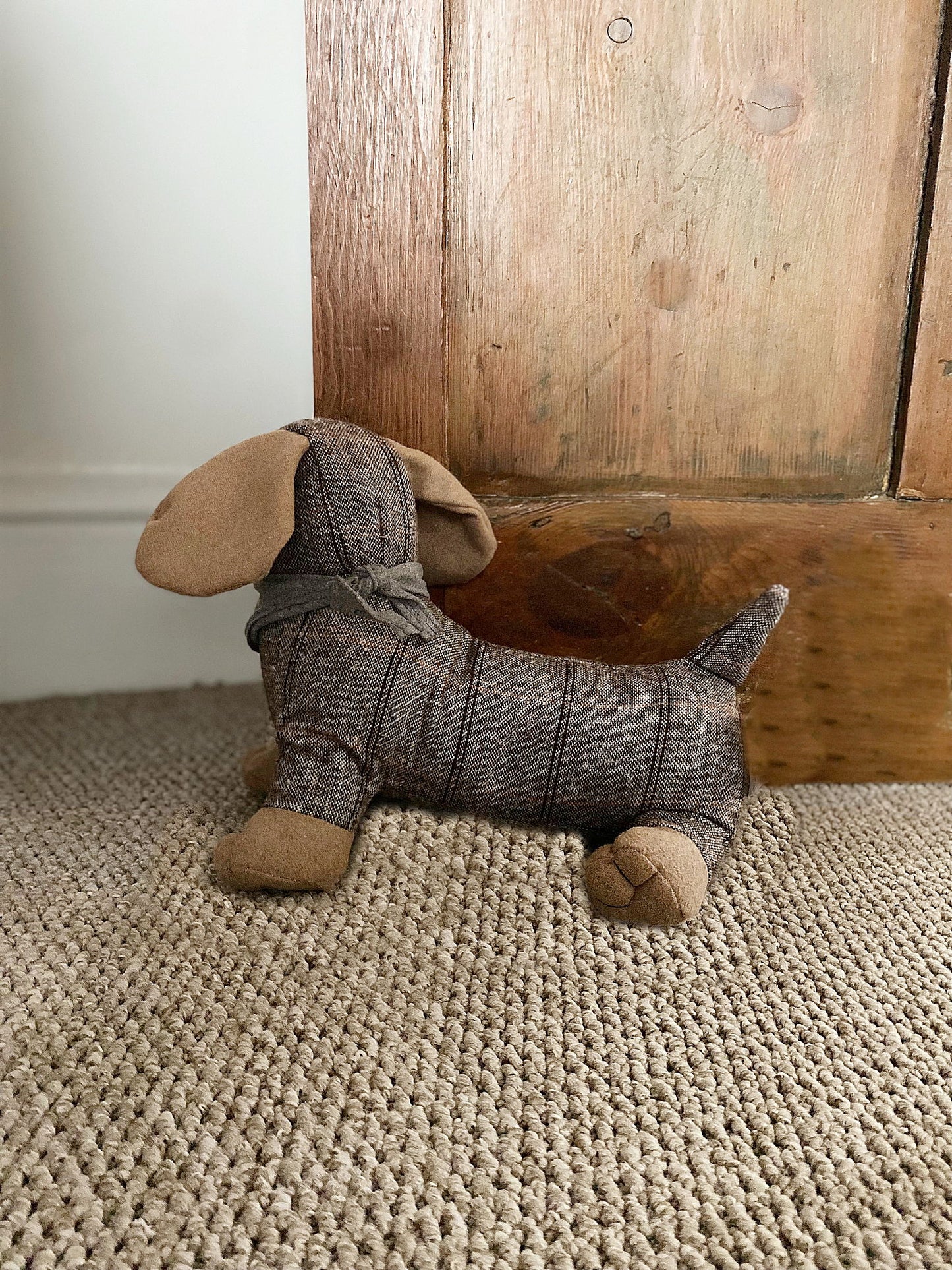 Tartan Fabric Sausage Dog Doorstop Grey Bandana Cute Home Decor