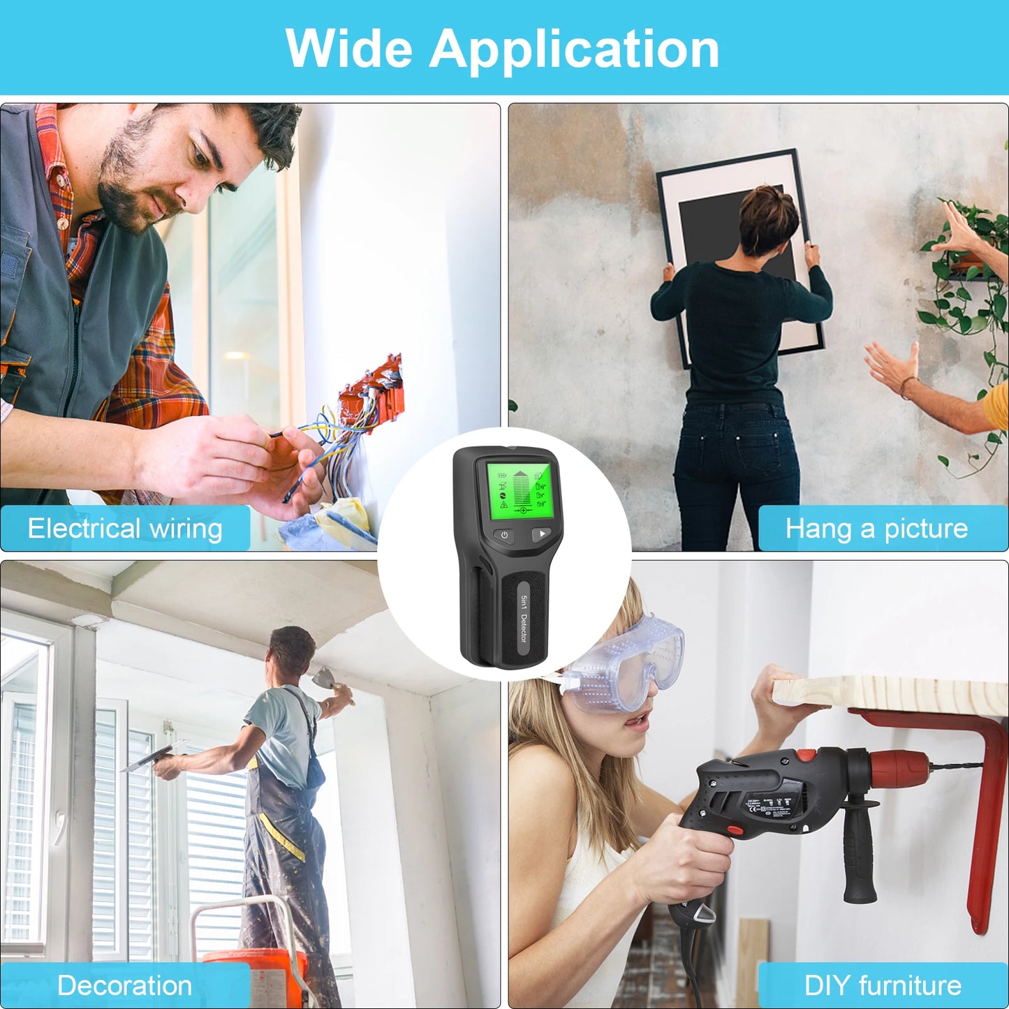 5-in-1 Wall Scanner | Stud, Metal, AC Wire & Thickness Detector | LCD Backlight