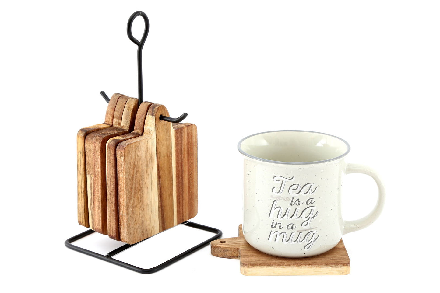 Set of 6 Acacia Coasters with Black Metal Stand - Stylish Home Decor