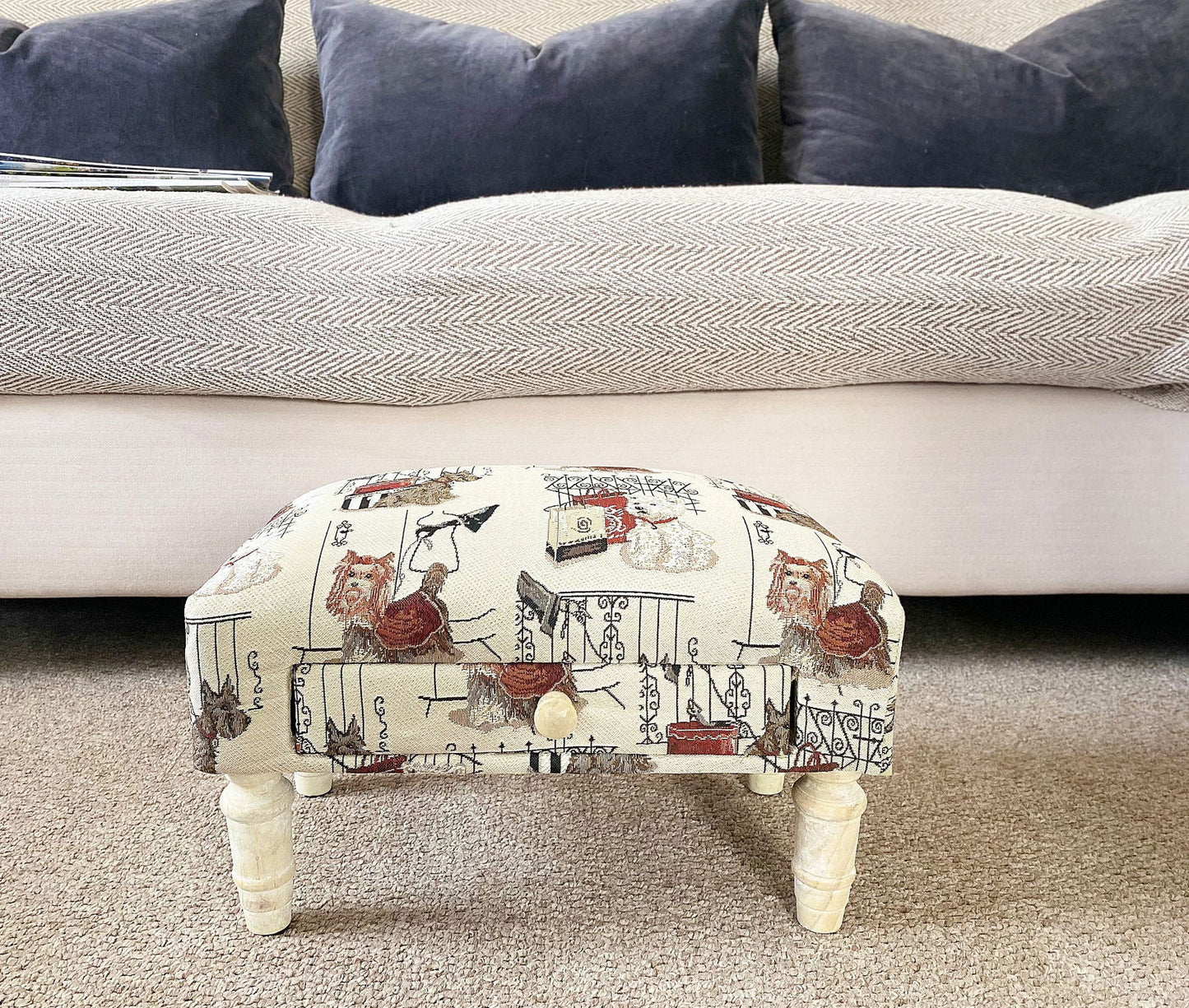 Scottie Dog Footstool with Drawer Stylish Fabric Storage Ottoman for Home Decor