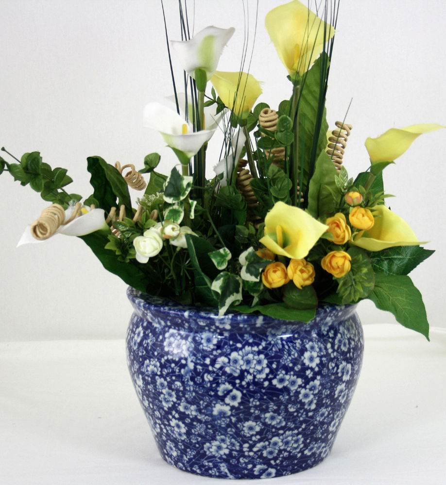 Vintage Blue & White Ceramic Planter with Daisies Design