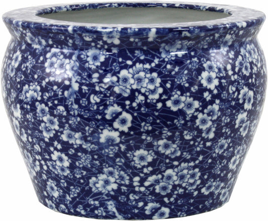 Vintage Blue & White Ceramic Planter with Daisies Design