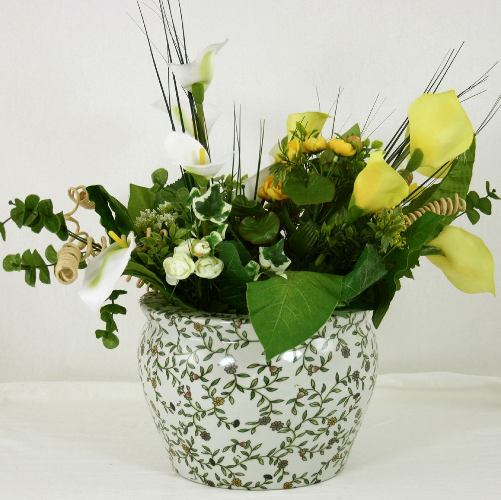 Vintage Green & White Floral Ceramic Planter Retro Home Decor