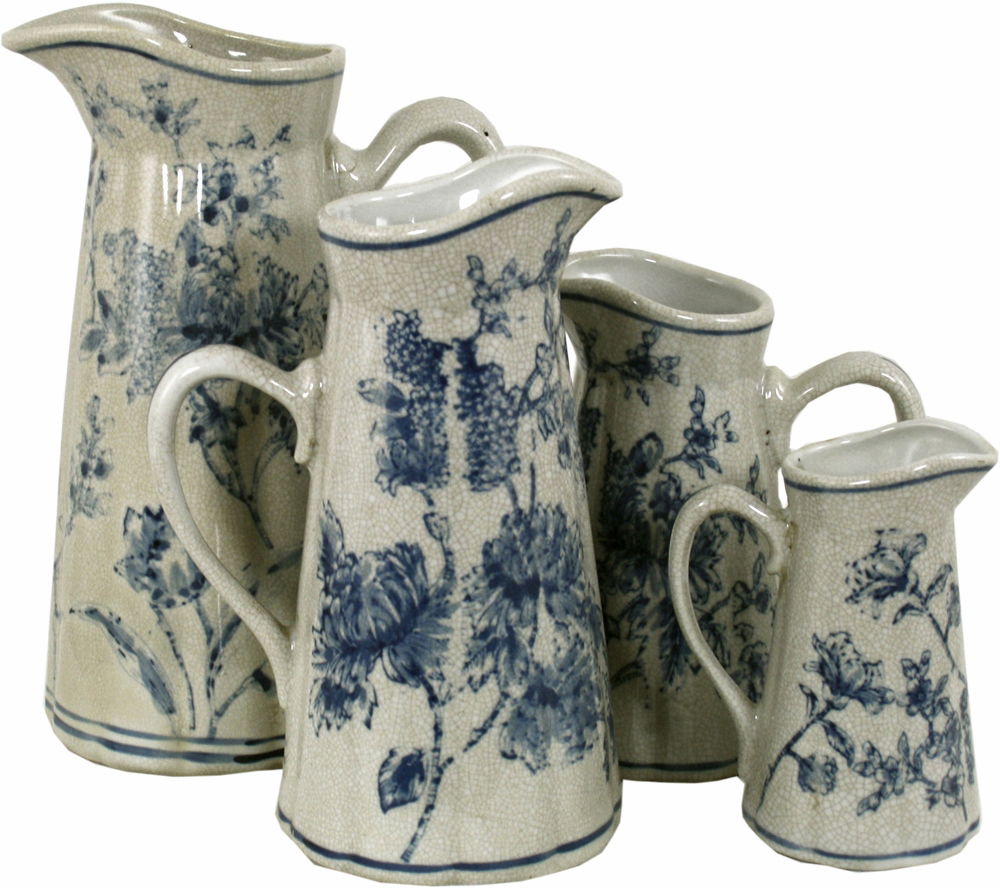 Vintage Blue & White Magnolia Ceramic Jugs Set of 4 Home Decor