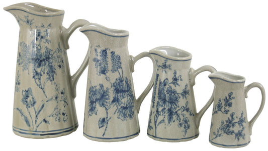 Vintage Blue & White Magnolia Ceramic Jugs Set of 4 Home Decor