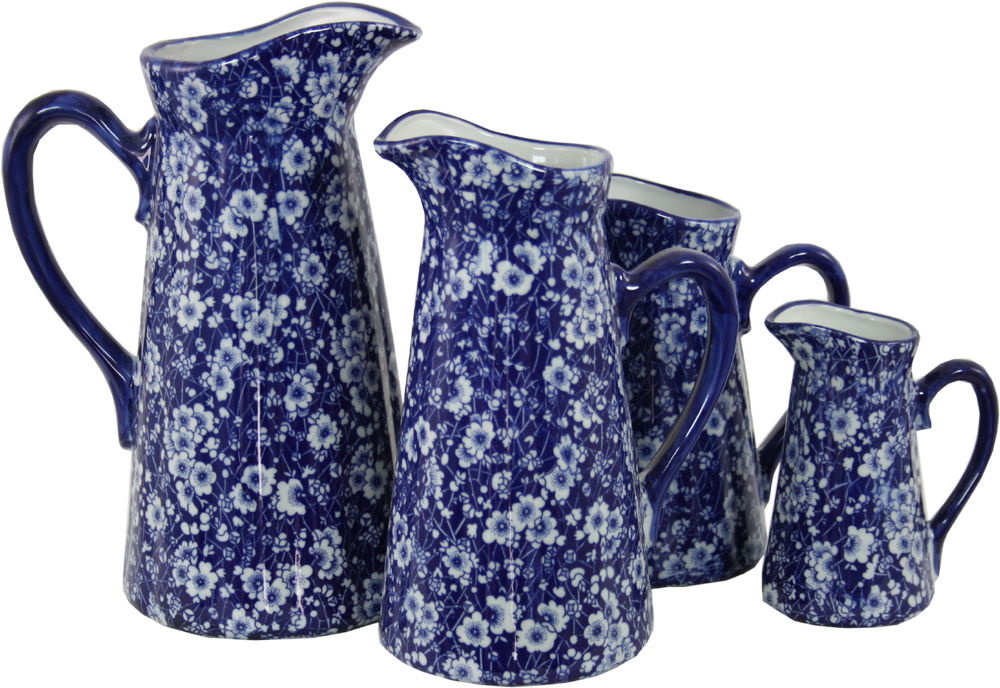 Vintage Blue & White Ceramic Jugs Set of 4 Daisies Design
