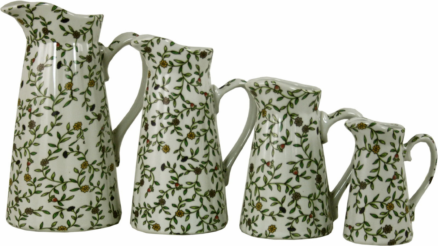 Vintage Green & White Floral Ceramic Jugs Set of 4 Home Decor