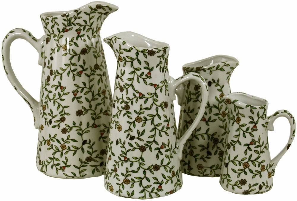 Vintage Green & White Floral Ceramic Jugs Set of 4 Home Decor