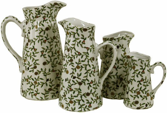 Vintage Green & White Floral Ceramic Jugs Set of 4 Home Decor