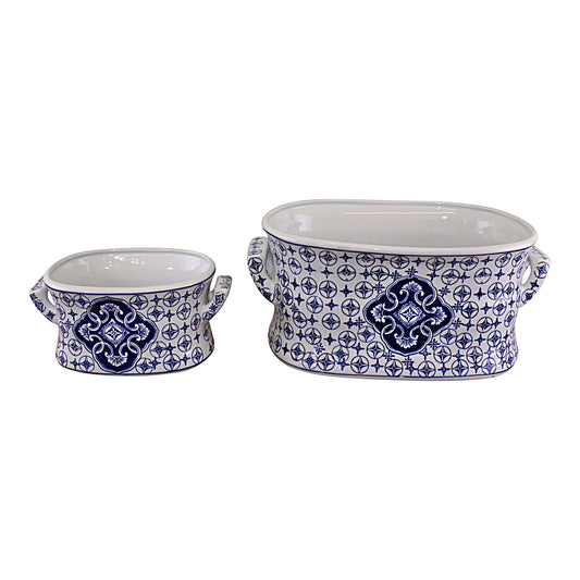 Set of 2 Vintage Blue & White Ceramic Footbath Planters