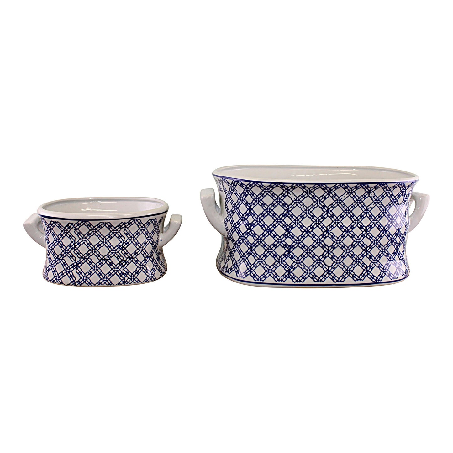 Vintage Blue & White Geometric Ceramic Footbath Planters Set