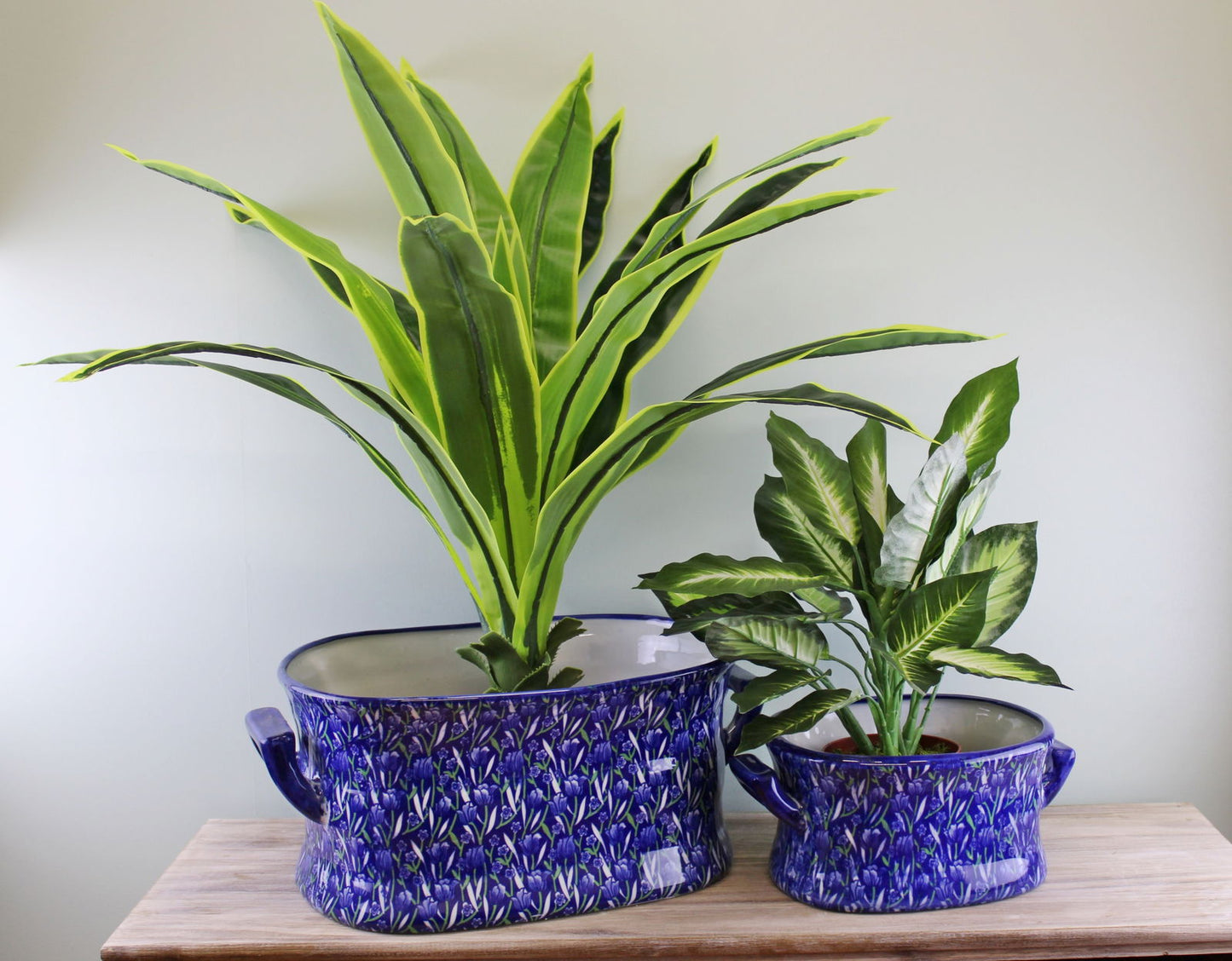 Vintage Blue Green Ceramic Footbath Planters Set of 2 Crocus Design