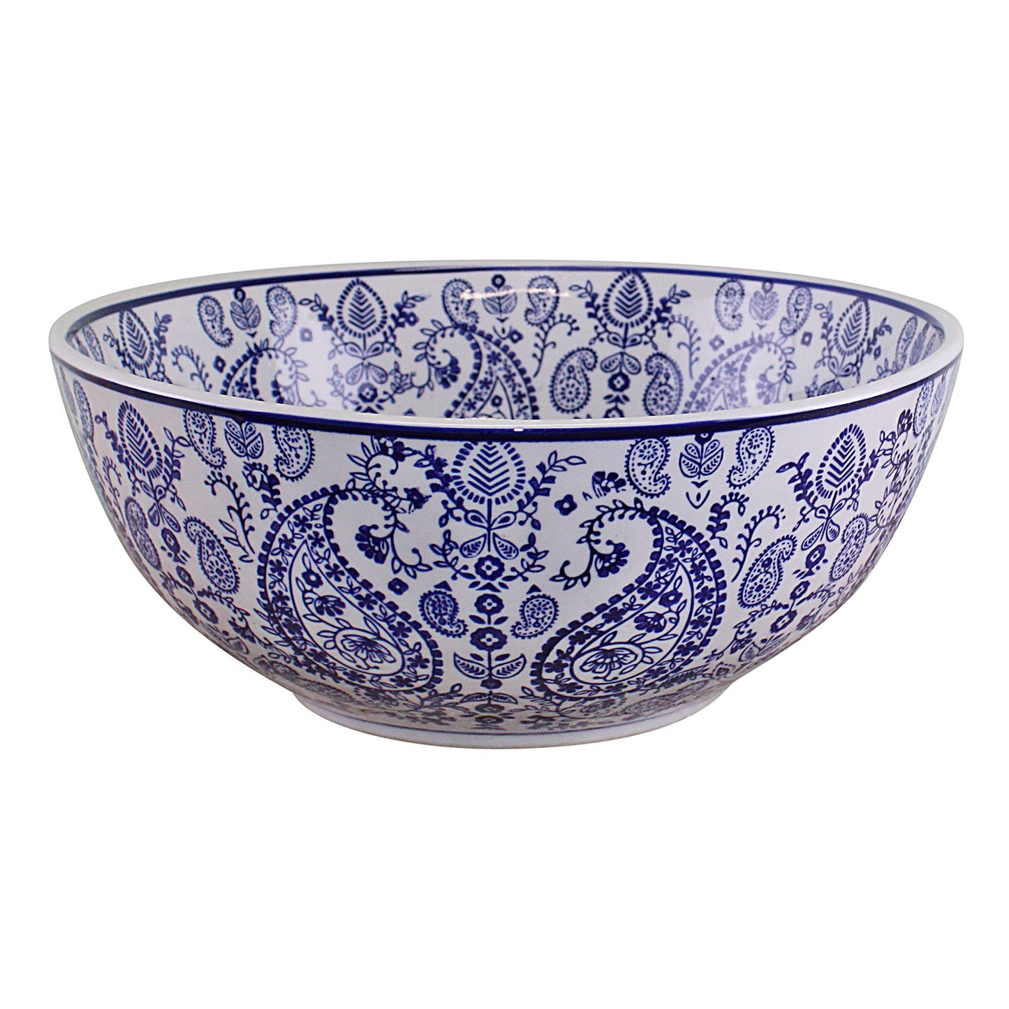 Vintage Blue & White Paisley Design Large Ceramic Bowl Home Decor
