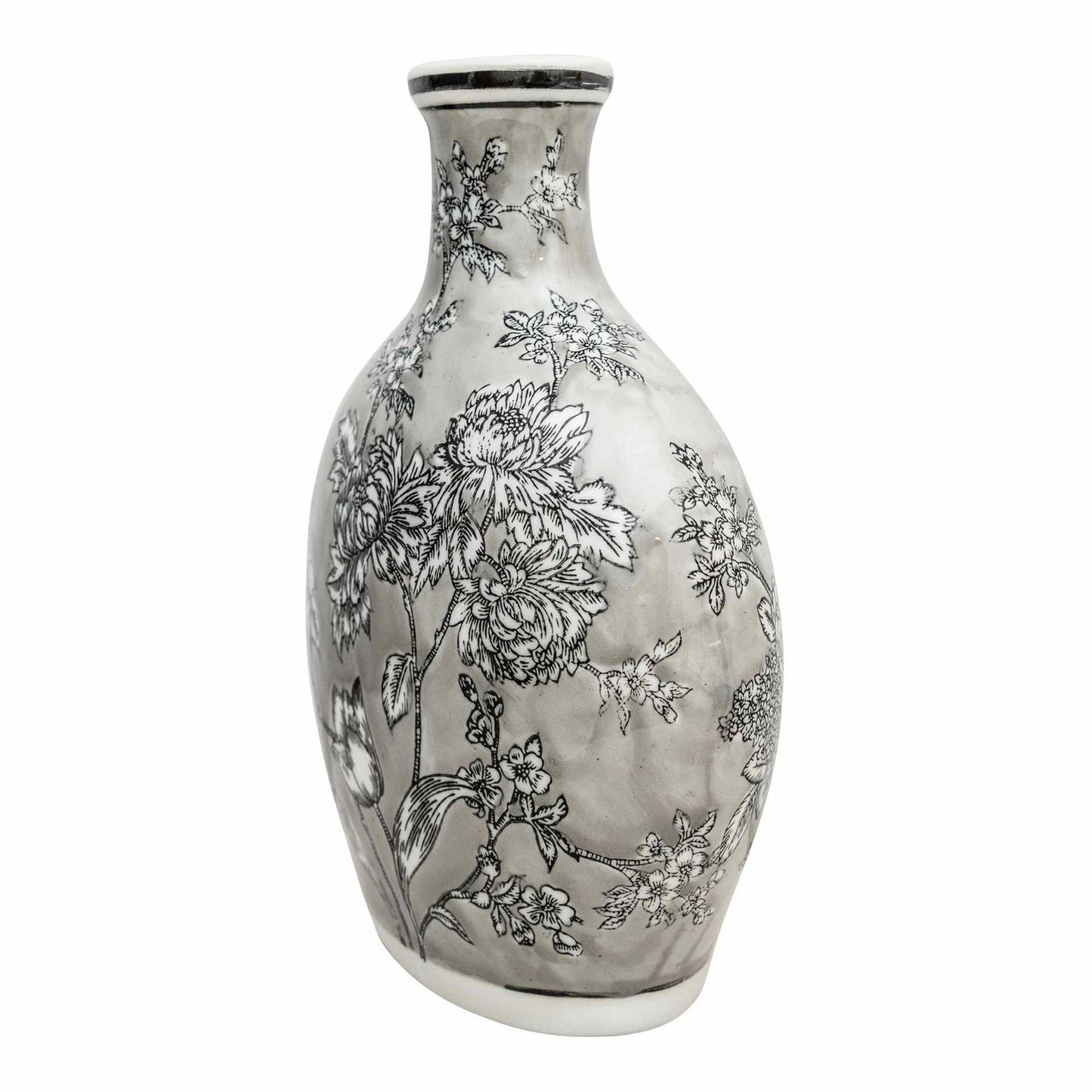 Peony Grey & White Decorative Bottle Vase Elegant Home Decor Floral Arrangement