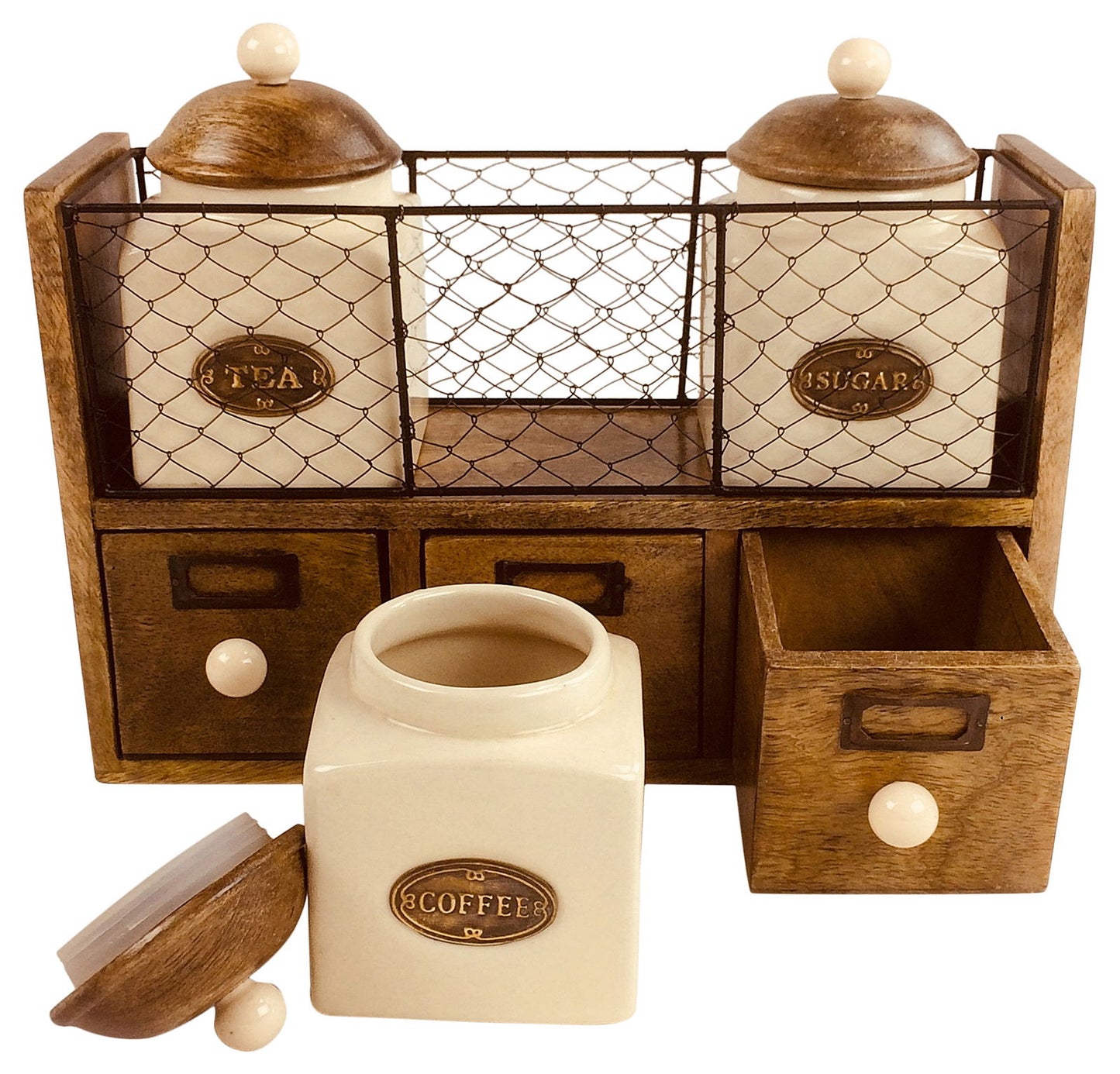 Wooden Storage Cabinet with 3 Jars and Drawers - Rustic Home Decor