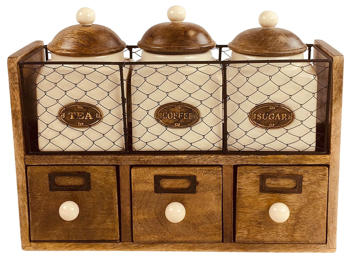 Wooden Storage Cabinet with 3 Jars and Drawers - Rustic Home Decor