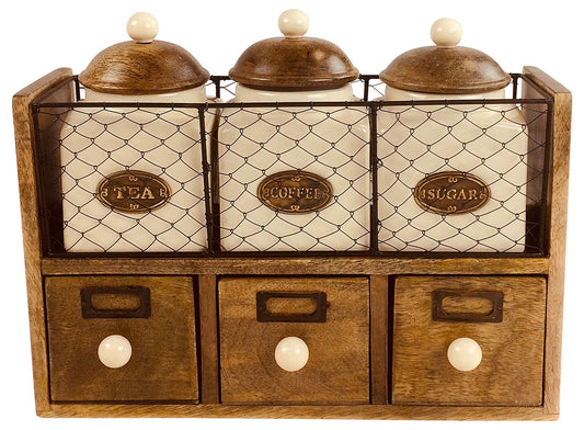 Wooden Storage Cabinet with 3 Jars and Drawers - Rustic Home Decor
