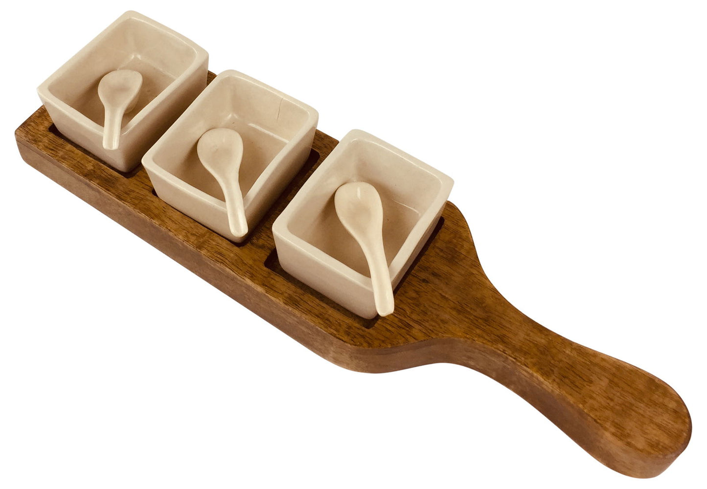 36cm Wooden Tray Set with Dip Bowls & Spoons Perfect for Entertaining