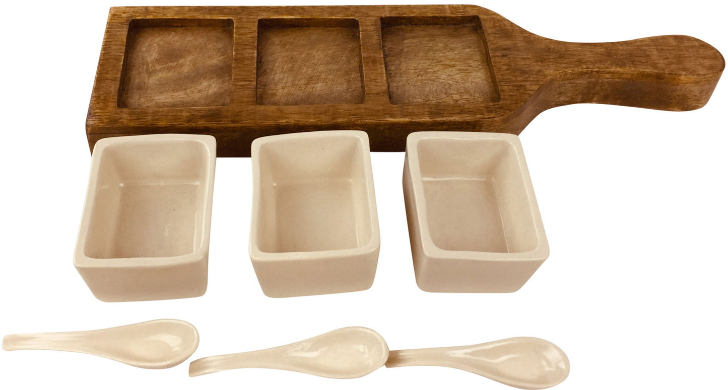 36cm Wooden Tray Set with Dip Bowls & Spoons Perfect for Entertaining