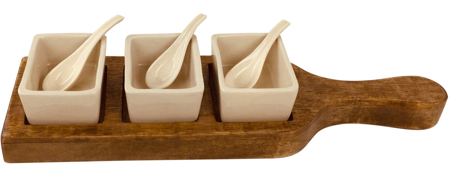 36cm Wooden Tray Set with Dip Bowls & Spoons Perfect for Entertaining