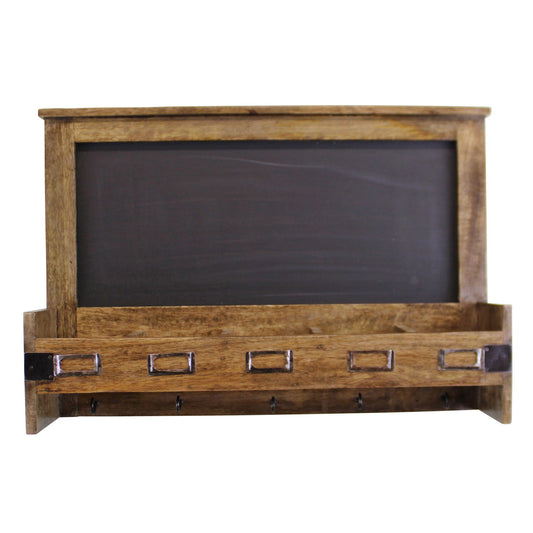 Mango Wood Blackboard with Storage Slots and Key Hooks Stylish Home Organizer