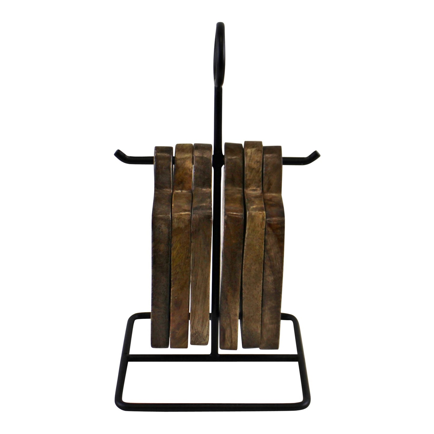 Set of 6 Mango Wood Coasters with Metal Stand for Home Decor