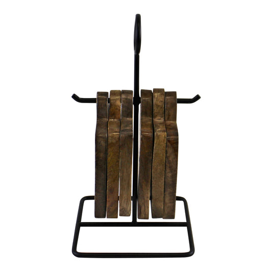 Set of 6 Mango Wood Coasters with Metal Stand for Home Decor