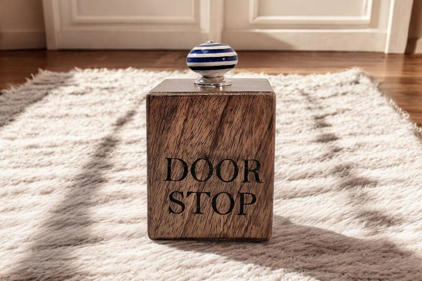 Mango Wood Doorstop with Blue Ceramic Knob - Rustic Home Decor Accessory