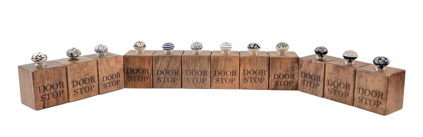 Mango Wood Doorstop with Blue Ceramic Knob - Rustic Home Decor Accessory