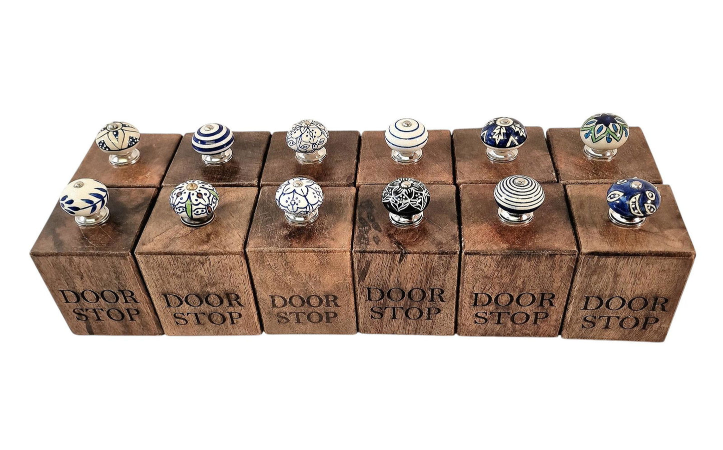 Mango Wood Doorstop with Blue Ceramic Knob - Rustic Home Decor Accessory