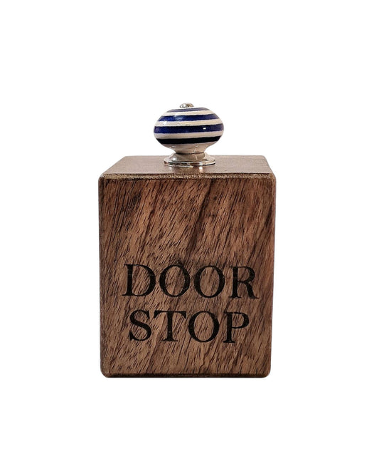 Mango Wood Doorstop with Blue Ceramic Knob - Rustic Home Decor Accessory