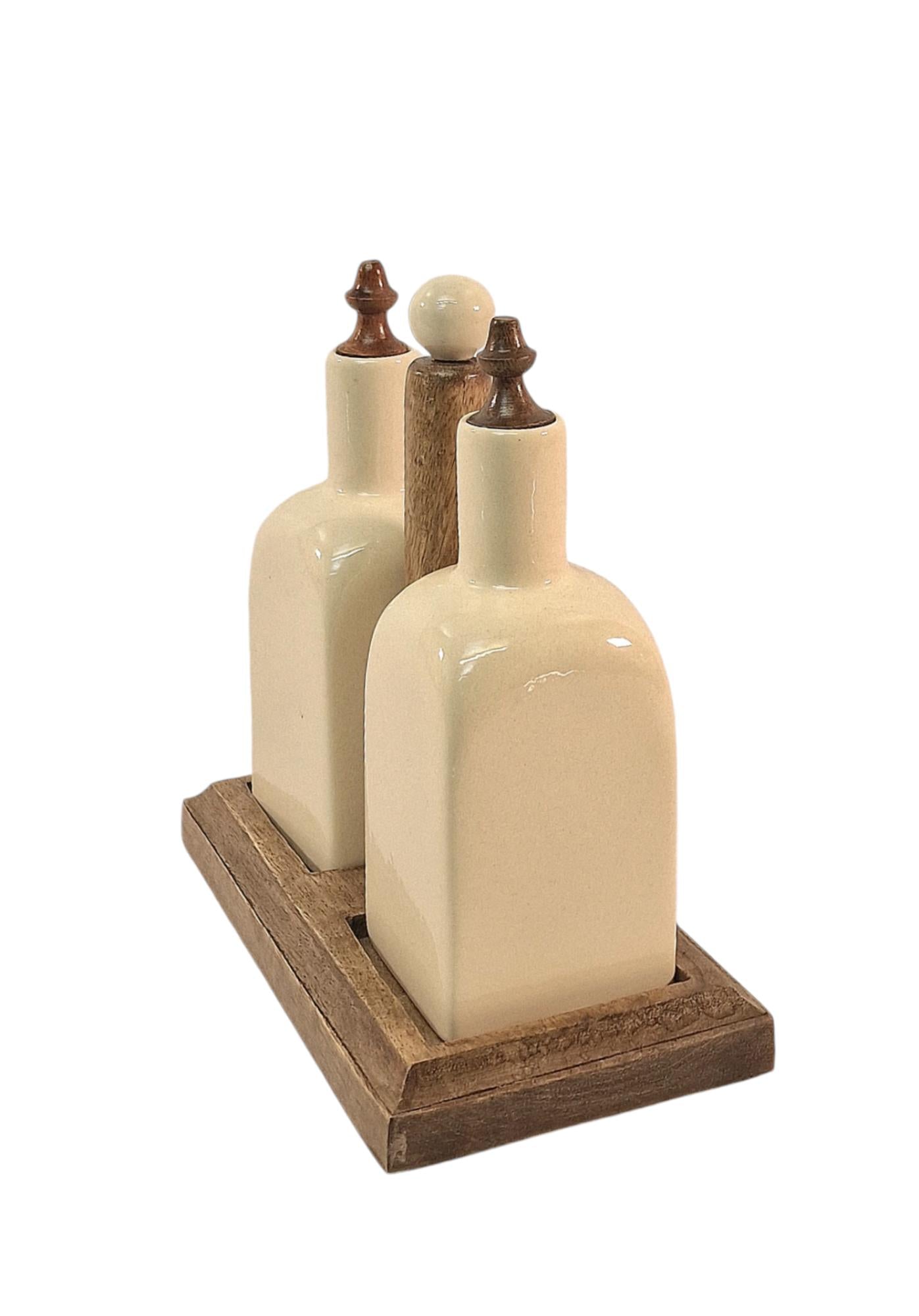 Stylish Ceramic Oil and Vinegar Bottle Set with Mango Wood Holder