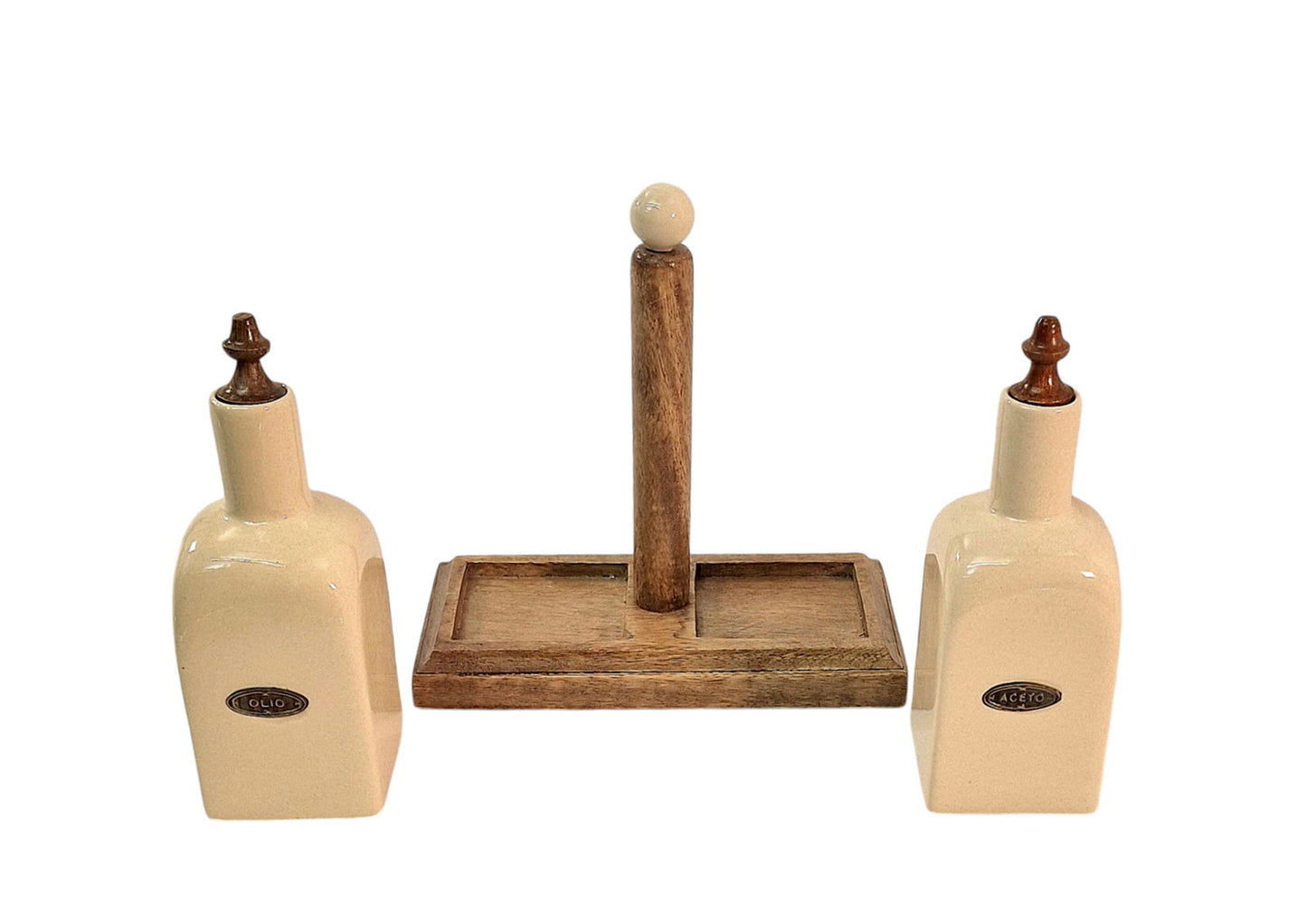 Stylish Ceramic Oil and Vinegar Bottle Set with Mango Wood Holder