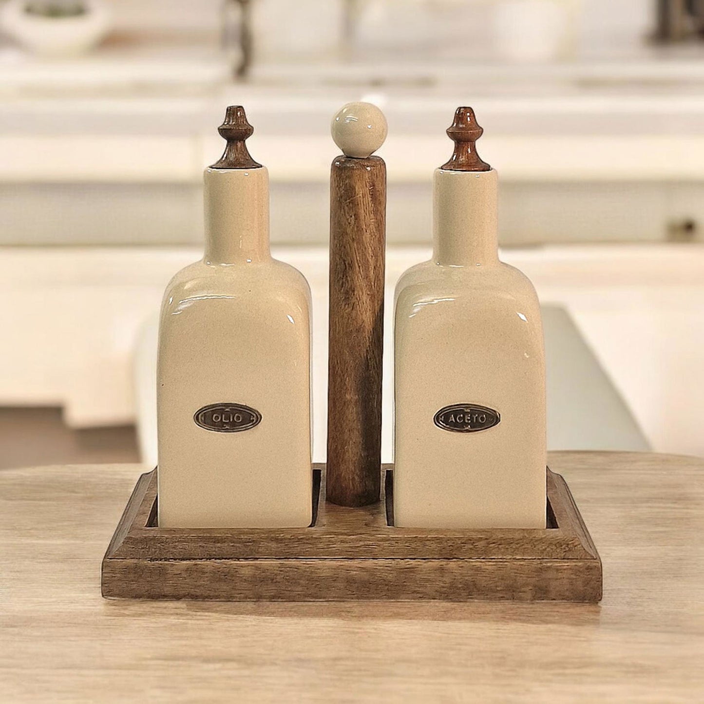 Stylish Ceramic Oil and Vinegar Bottle Set with Mango Wood Holder