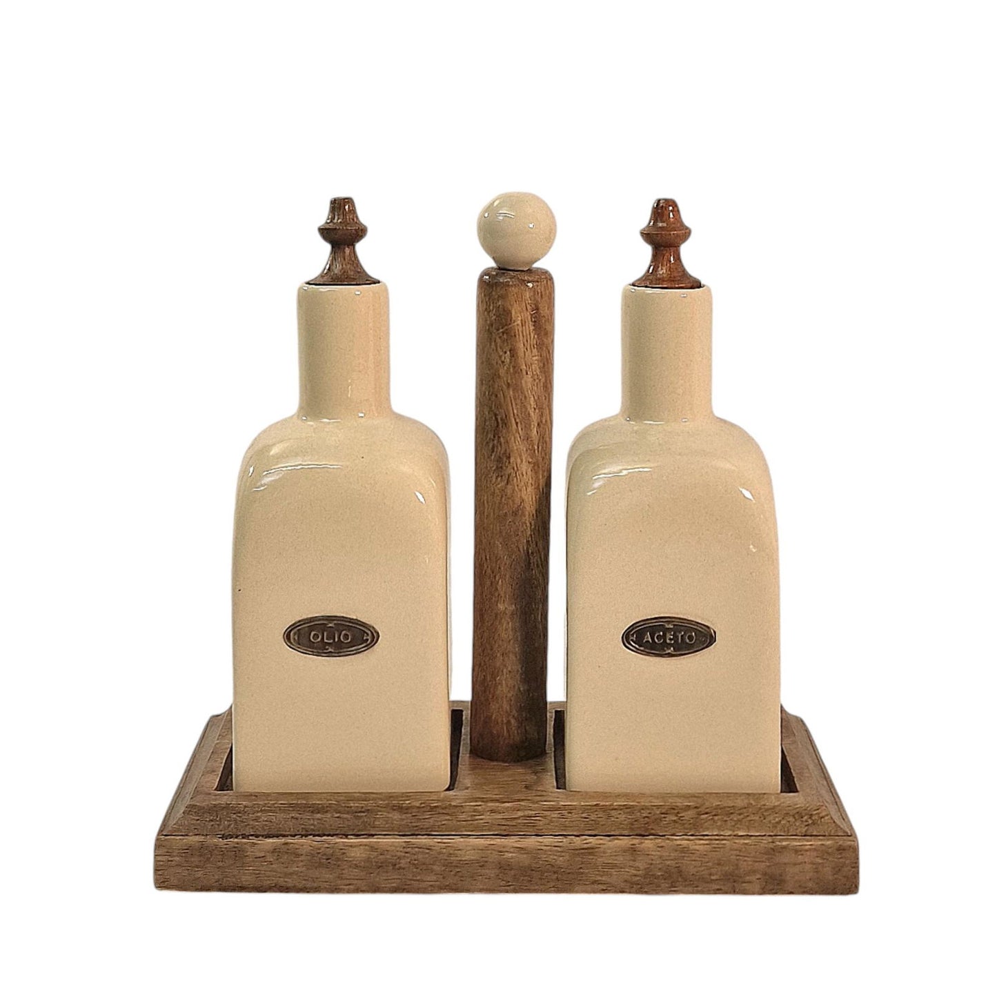 Stylish Ceramic Oil and Vinegar Bottle Set with Mango Wood Holder